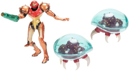 Nintendo Metroid - JAKKS Pacific - Lot de 3 Figurines Articulées Samus Aran et Aliens - Licence Officielle du Jeu Vidéo - Jouet à Collectionner pour Enfants et Adultes Fans de l'univers