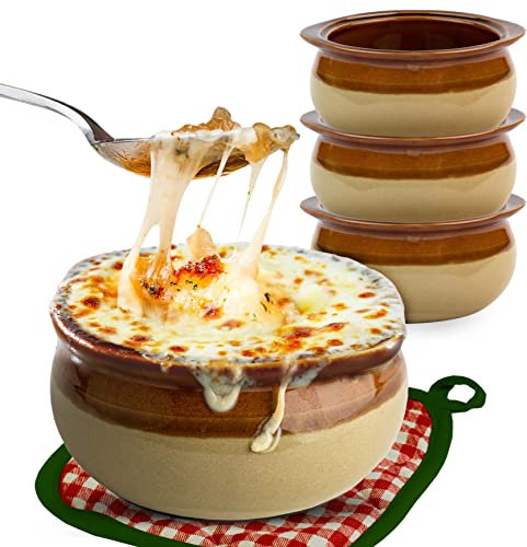 Stock Your Home 12 oz French Onion Soup Crock (4 Pack) -Two-Toned Brown & Ivory Porcelain Soup Bowls -Oven Safe Soup Bowls -Microwave and Dishwasher Safe Soup Crocks