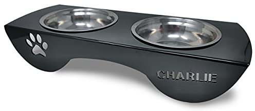 Comederos para Perro Nombre Personalizado. Platos Acero Inoxidable. Base de Poliestireno Negro Brillante. Plato de Agua y de Alimento (40_X_18_CM)
