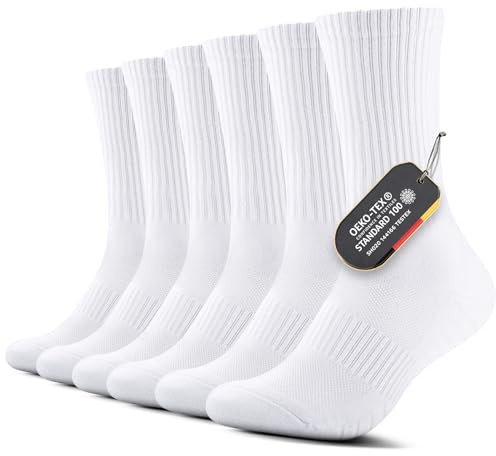 Falary Mens & Ladies Cushioned Sports Crew Socks - Cotton Walking Socks for Outdoor, Tennis, Hiking, Trainer, Running (6 Pairs) - White 10-12