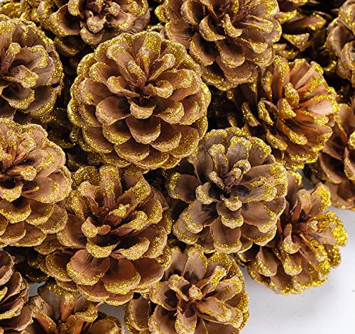 Anstore 42 Pezzi Pigne in Colore Oro, 4-6 cm Naturale Pigne Natalizie Decorative, Pigne Naturali Con Corda,Pigne Ornamento Pino Cono Decorazione,per Regalo Ghirlande,Albero di Natale Decorazione(Oro)