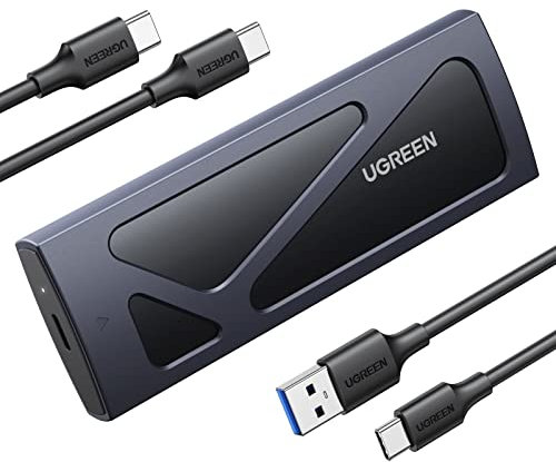 UGREEN NVMe M.2 Gehäuse USB 3.2 NVMe SSD Gehäuse-Adapter mit Kühlkissen 10 Gbps für NVMe PCIe M-Key/M+B Key in 2230/2242/2260/2280 mit USB CC und AC Kabel Werkzeuglos(Schwarz)
