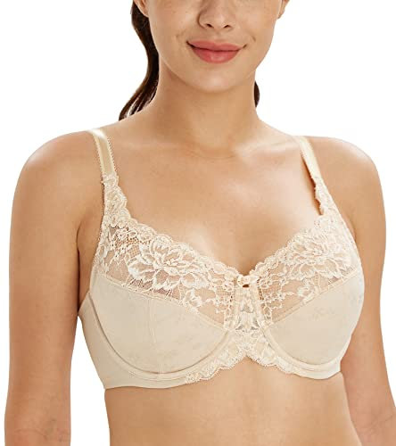 Lemorosy Full Coverage Minimizer Bra for Women Flower Lace Unpadded Comfy Underwire (Beige,44E)