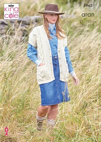 King Cole Aran Knitting Pattern Ladies Cable Knit Cardigan & Waistcoat (5962) 32/in - 50/in