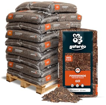 GALAMIO Pinienrinde Pinienmulch Rindenmulch Pinie Mulch Garten Dekor Pinus Pinea Natur Mittelmeer Kiefer Mix 8-25mm 60l x 26 Sack 1.560l / 1 Palette