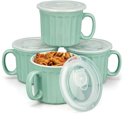 BELLE VOUS Soup Bowls with Handles & Lids (4 Pack) - Stoneware Microwave Bowls with Lids - Dishwasher-Safe Turquoise Soup Cups/Soup Mugs with Handles