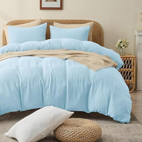 Gezu Biancheria da letto doppia muslin 220 x 240 cm, blu chiaro, 100% cotone, set copripiumino con 2 federe da 80 x 80 cm, molto traspirante, confortevole, biancheria da letto estiva con chiusura