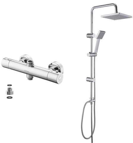 GRIFEMA G17005, Robinet Thermostatique Universal, Double Sorties, Mitigeur Colonne de Douche Chromé & JOHO Colonne de Douche Chromé Ensemble de douche en acier inoxydable avec pommeau de douche en ABS