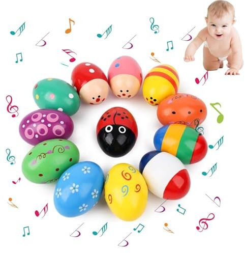 Huevos de sonajero para bebé, 12 unidades de maracas de madera, huevos de Pascua, maracas y cascabeles para niños, fiestas y escuelas