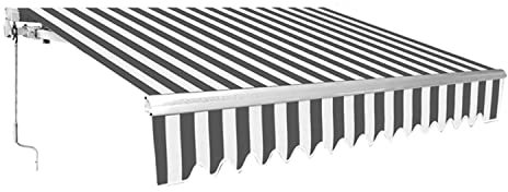 Hebitod KOM Auvent à bras articulés, rétractable avec manivelle, store de serrage, réglage de l'angle (0-30°), protection solaire, brise-vue, rayures blanc/gris, aluminium/polyester