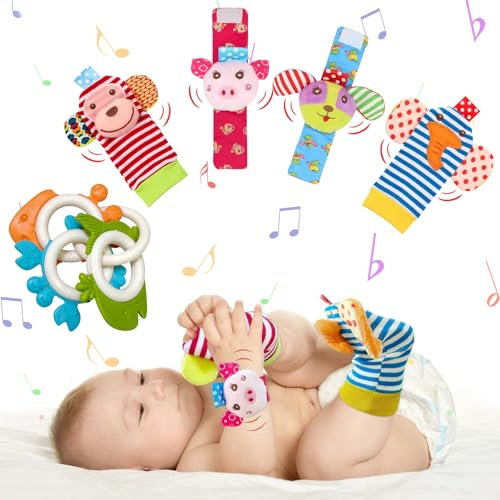 JSTHHTT Foot Finders and Wrist Rattles for Infants, Baby Rattle Socks Wrist Strap Rattles Set, Baby Toys 0-6 Months, Soft Animal Baby Rattles Toys, Sensory Development Toys, for Babies Boy Girl