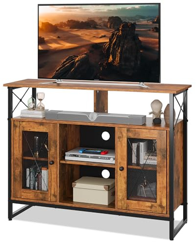 WLIVE TV Stand, TV Unit for 43 Inch TVs, Rustic Brown Tall TV Unit Cabinet 96 x 32 x 77 CM, TV Stand with 2 Doors, Buffet Table, Sideboard, for Living Room, Wooden Industrial TV Console, Rustic Brown
