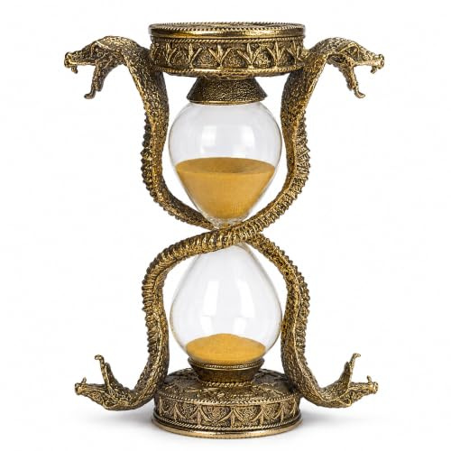 Golden Snake Hourglass, 15 Minute Sand Timer, Gothic Home Decor | 15-minute golden sand timer with twin snake zinc-alloy frame, antique gold finish and gothic decorative styling.