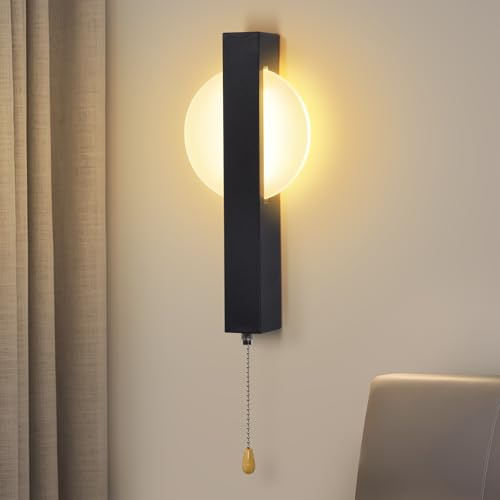 ZMH Wandleuchte LED Wandlampe mit Schalter - Flurlempe Innen Schwarz Modern Design Wandlampen Mit Zugschalter Rund 3000K Warmweiß Wandbeleuchtung Eisen & Acryl 6W Wohnzimmerlampe für Flur Bett