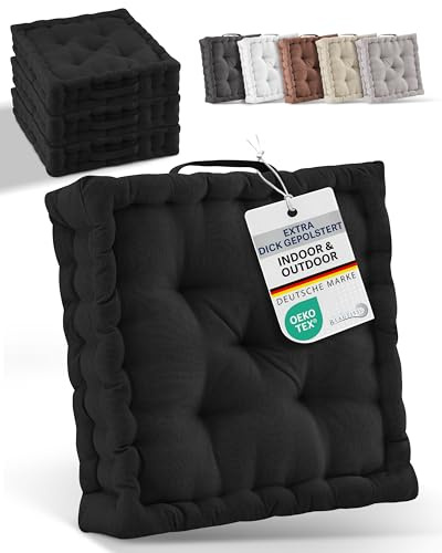 Beautissu Set di 4 cuscini da pavimento 40x40 cm - Cuscino materasso spesso 8cm - 100% cotone cuscino per sedia da interno e da esterno cuscino da pavimento con maniglia cuscino nero - Mila