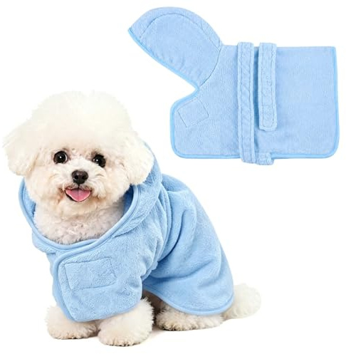 Yaopelky Dog Bathrobe Towel with Hood Super Absorbent Pet Bath Robe for Small Medium Dogs Quick Drying Doggy Bath Towel Coat with Adjustable Waistband Soft Pet Grooming Robe (Blue, M(Below 6.5kg))