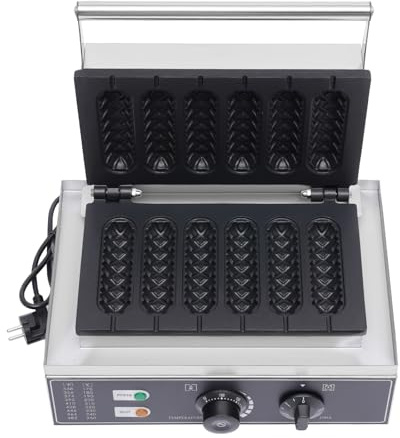 Qurib Gofrera comercial para perros calientes de maíz, 1500 W, 6 formas, revestimiento antiadherente, máquina de perro caliente de acero inoxidable, placa calefactora doble superior e inferior para