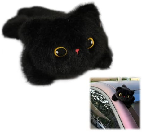 zoocco Magnetic Plush Cat Car Decor, Cute Black Stuffed Cat Magnet for Car Mirror & Fridge, Strong Hold Kawaii Animal Ornament Gift for Cat Lovers (#A)