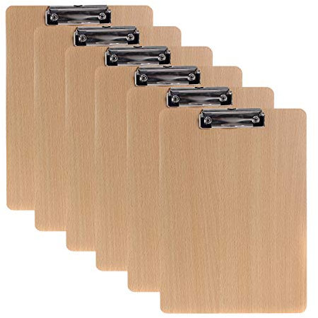 6er Klemmbrett A4 aus Hartholz extra dick 4mm, mit Aufhängeose, Gummierter Metalklemme, Schreibbrett Pad Halter Clipboard - Qualität Holz Faserplatte - Zwischenablage Schreibblock, TKD8009