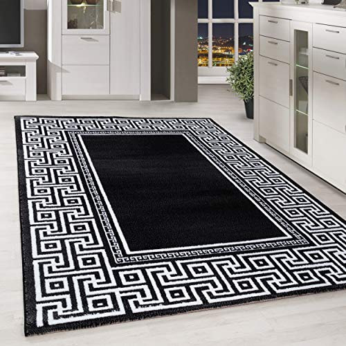HomebyHome Teppich Wohnzimmer 80x300 cm Läufer Flur Schwarz Kurzflor Bordüre Design - Teppich Schlafzimmer, Esszimmer, Küche Flauschiger Extra Weich Tepich Waschbär Einfache Reinigung