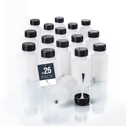 BenBow - Flacon avec Pinceau 25x50 ML - Bille de mélange - Pinceau Fin, Transparent - Résistant aux solvants - pour Stocker et appliquer des liquides - Flacons en Plastique HDPE pour peintures.