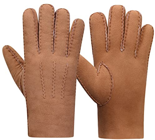 Harssidanzar Guantes de cuero para hombres,gamuza piel de oveja manguitos forros de lana guantes de conducción para vestidos calientes en invierno frío KM043,Cammello,M