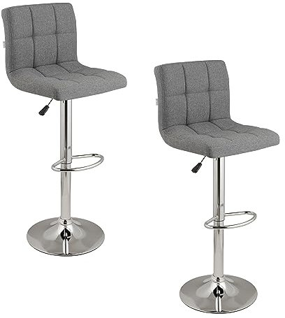 Baroni Home gepolsterter Barhocker oder Küchenhocker, verstellbar und drehbar um 360°, mit Rückenlehne und Fußstütze, Gestell aus verchromtem Stahl, Grau Stoff, 2 Stück