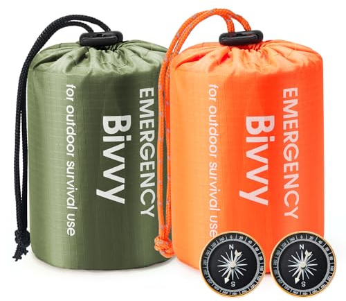 Esky Biwaksack, 2 Stück Notfall Schlafsack Biwaksäcke Wasserdicht Thermo Leicht Wasserdicht Überlebenssack Mit Pfeife und Kompass Ausrüstung Survival Ideal zum Zelten Wandern und Abenteuer Orange+Grün