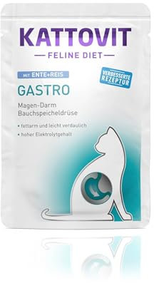 KATTOVIT - Gastro Nassfutter für Katzen |Zur Unterstützung des Magen-Darm-Systems | Diät-Alleinfuttermittel im Frischebeutel für ausgewachsene Katzen | 24 x 85 g Ente mit Reis