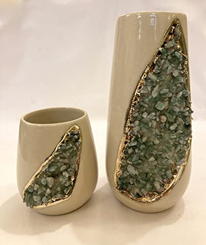 Cream and Gold Ceramic Vase/Planter/Pot/Wine Goblet/Mug with Light Green Semi - Precious Agate Crystal Gemstones |Large(Height 8 inches), (Gold - Finish)