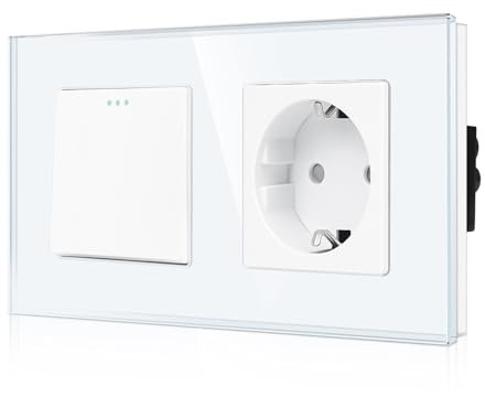 CNBINGO Schuko Steckdose mit Lichtschalter 1 Fach 1 Weg Glas Lichtschalter, Modernem Lichtschalter mit Steckdose Unterputz Glas Steckdose, Weiß