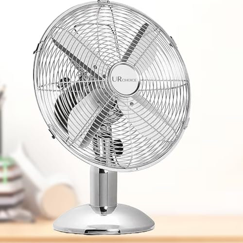 UR CHOICE Portable Oscillating 12 Desk Fan, Adjustable Tilt, 3 Speed Settings, Silent & Energy-Efficient, Electrical Cooling Fan with 3 Metal Blades, Ideal for Home & Office