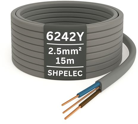 SHPELEC® Cable eléctrico gris Twin and Earth 6242YH – Anillo de red de 2,5 mm y cable de tierra 6242YH – todas las longitudes (5 m, 10 m, 15 m y 20 m) (15 metros – 2,5 mm doble y cable de tierra)