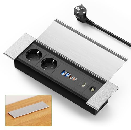 HANNELORE Bordsuttag med USB C PD20W, inbyggt uttag 2 fack och HDMI, RJ45, inbyggt grenuttag med lock, aluminium bordsskiva försänkt uttag för skrivbord kök kontor, 2 m kabel