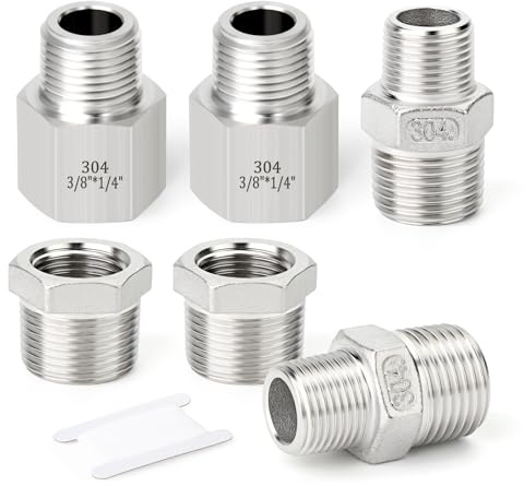 TAISHER 6PCS 304 Stainless Steel Hex Nipple，Hex bushing，Reducer Adapter 3/8 NPT × 1/4 NPT,Thread Pipe Fitting Kit