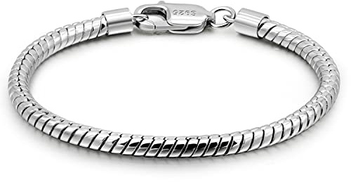 Dankadi Ormformat armband, 3 mm, 4 mm, 925 silver, 6,3 tum, 9,5 tum, rund mesh, guldkedja, ormkedja, 16–24 cm, födelsedagspresent, present till herr, dam