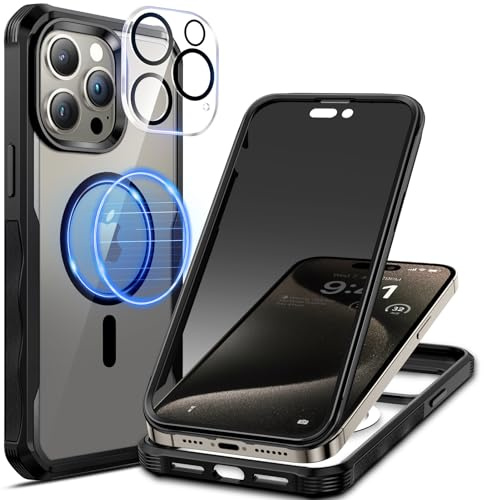 seacosmo Cover per iPhone 15 Pro Privacy Magnetica, Compatibile con Magsafe, Antispy Schermo Integrata in Vetro Temperato, Protezione Fotocamera, Custodia 360 Gradi Antishock Fronte Retro - Nero