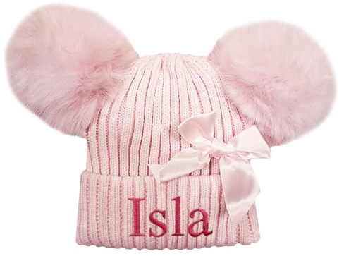 JJLC Personalised Baby Girl Pom Pom Bow Hat Knitted Bobble (One Size, Pink)