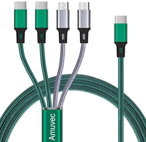 Amuvec Multi Kabel Type C 3A 1.2M Nylon Mehrere Android Ladekabel 4 in 1 mit 2 Micro USB 2 Typ C Anschlüsse, für Samsung Galaxy S21 S20 S9 S8 S7 A5 J5, Huawei, Pixel, Sony, Xiaomi, Nokia, Moto (green)