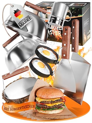 LIKAYA® Smash Burger Master-Set XXL [9-TLG.] Edelstahl mit Akazienholz-Griffen für Plancha, Grillplatte, Gasgrill & Feuerplatte | 1x Smasher, 2X Burgerglocke, 1x Grillspachtel, 1x Grillwender & mehr