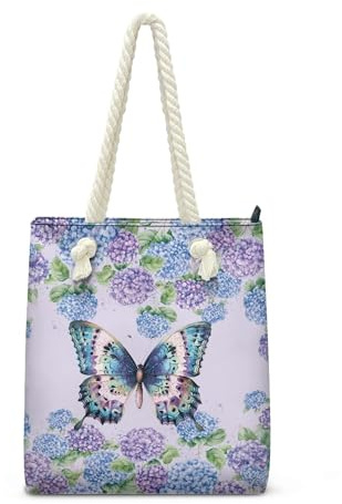 Zanxiantu Butterfly Reusable Grocery Bags Hydrangea Print Beach Bag with Smooth Zipper Flat Bottom Handbag for Women Shoulder Bags for Travel Hiking Beach Tote