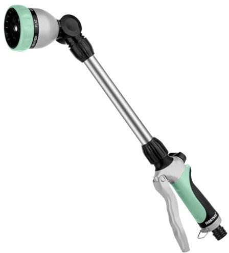 RESTMO Lancia per irrigazione da 48 cm, lancia a spruzzo lunga in metallo, testa a cricchetto regolabile a 180°, 7 modalità di spruzzo, bacchetta di estensione per tubo flessibile, perfetta pistola a
