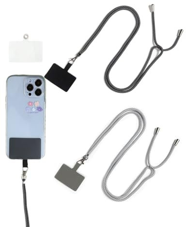 Bmeigo 2 Pack Adjustable Phone Lanyard with Tether Tab - Mobile Phone Lanyard and Patches Nylon Neck Strap Crossbody Compatible for iPhone, Samsung, Smartphones(Universal Gray/Black)