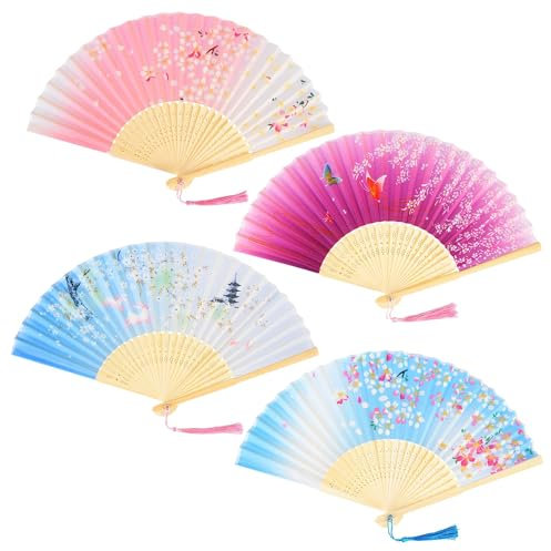 KEYIDO Lot de 4 Eventail Éventail Japonais Évantail Tissu Soie Pliants Éventails Bambou Evantail Solide Evantaille Chinois avec Frange pour Femme Mariage Été Enfant Fille Homme