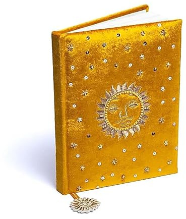 LivuX Anteckningsbok sol och måne – gul sammetspåse – 20 × 15 cm – 160 linjerade sidor – broderi med dekorativa pärlor – andlig dagbok för magi, mindfulness & cykelarbete 1302