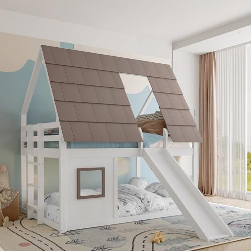 TOBIDOEN Lit superposé 140 x 200 cm en forme de maison avec toit et fenêtre, toboggan et échelle adaptés aux enfants, pour 2 enfants, bois de pin et MDF, sans matelas, blanc + marron