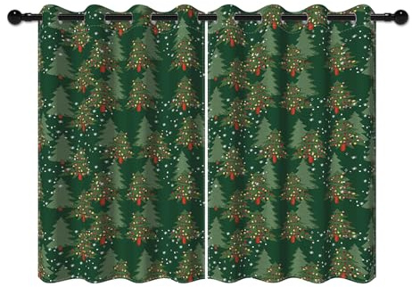 YONGFOTO 117x138cm Cortinas navideñas para Dormitorio Verde Oscuro Árbol de Navidad Copos de Nieve Cortinas Opacas con Ojales para Decoración Navideña de Invierno para Sala de Estar, 2 Paneles