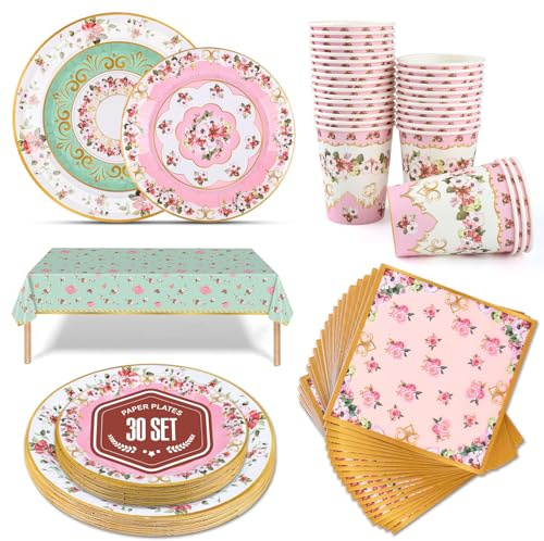 151 Pcs Floral Paper Party Plates Set (Set of 30), Afternoon Tea Decorations, Party Plates Cups and Napkins, BirthdayParty Decorations, Engagement Paper Plates for Parties