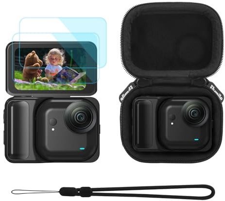 Flymile Liten bärväska + 2-pack skärmskydd för Insta360 GO Ultra, PU hård bärbar reseförvaringsväska med karbinhake och handledsrem, härdat glas film skyddslins tillbehörssats