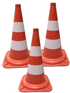 kit 3 Coni Stradali Rigidi 50 cm in PE Arancione con Doppia Fascia – Segnalatori di Sicurezza per Cantieri, Parcheggi, Aree industriali